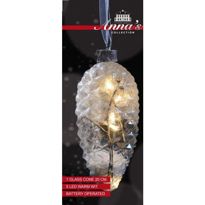 Tannenzapfen Lichter Glas 20 cm gefüllt mit Schnee Zweig 5 Lichter LED  warmweiss Anna's Collection
